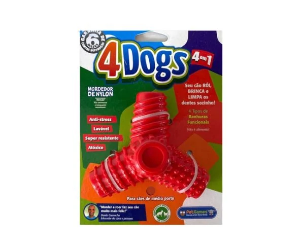 Brinquedo 4Dogs Quatro Mordedores em Um de Nylon Pet Games - Vermelho